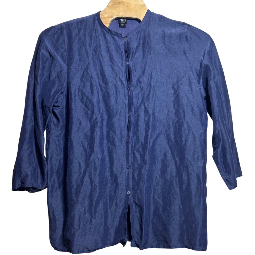 Eileen Fisher Woman Blue Linen Silk Button Down Shirt Collarless Blouse 1X